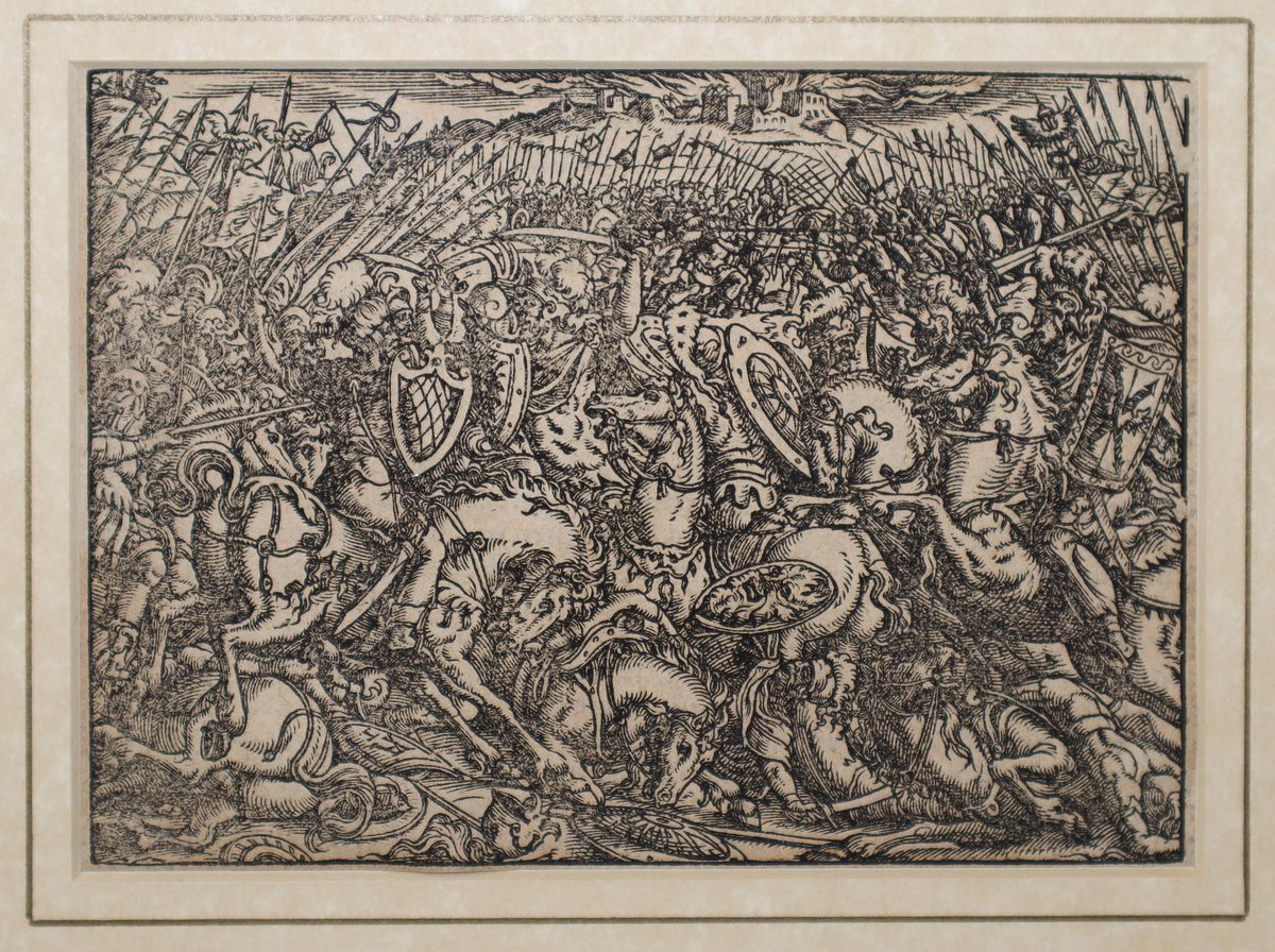 Coppia di incisioni raffiguranti scene belliche