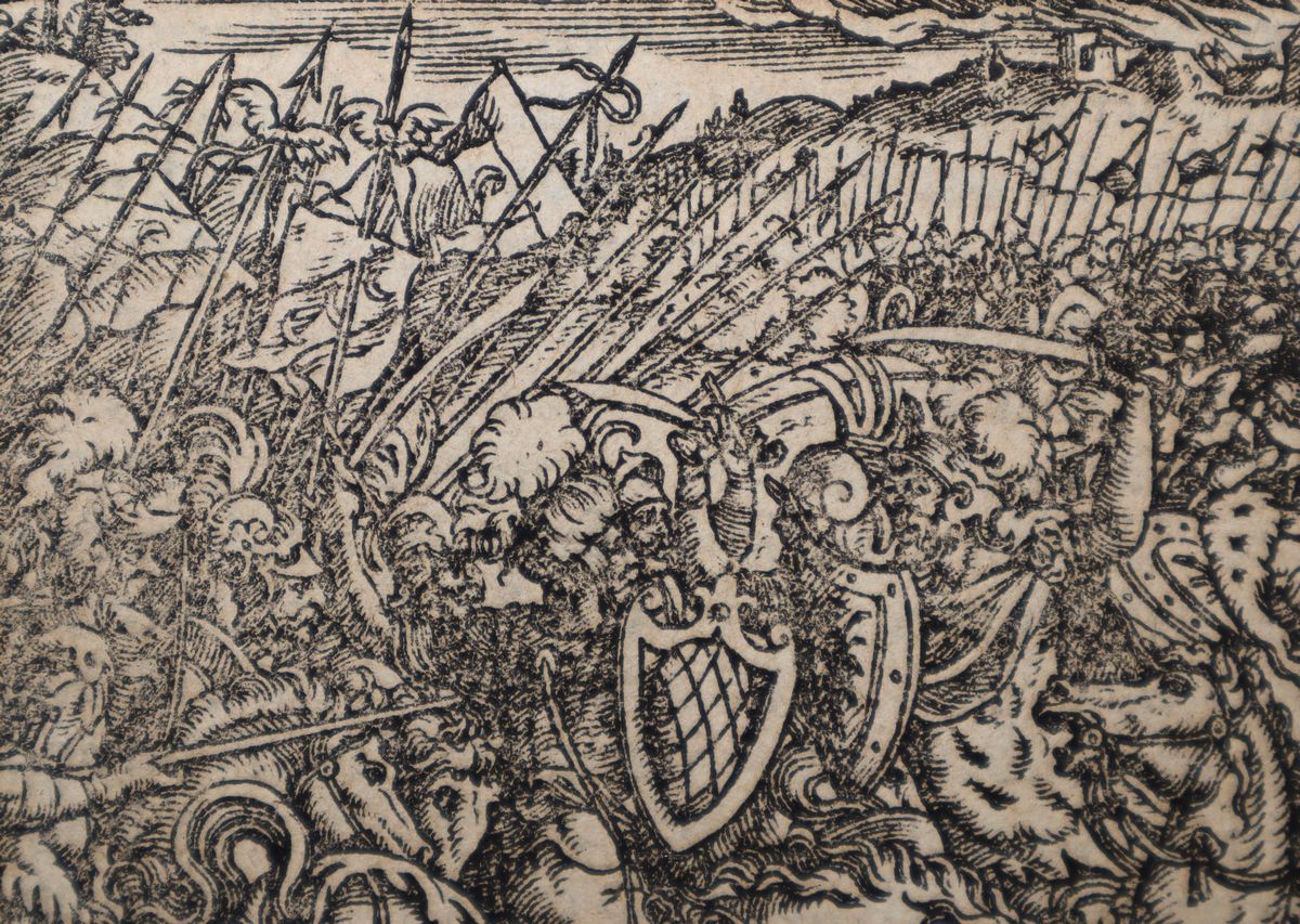 Coppia di incisioni raffiguranti scene belliche