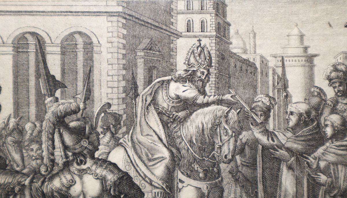 Incisione ad acquaforte, L’imperatore Giustiniano riceve le prime uova di baco da seta importate ...