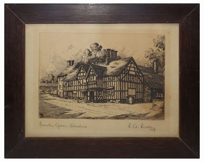 Casa Brereton Green Cheshire, incisione da rame ad acquaforte, XIX secolo