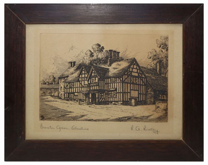 Casa Brereton Green Cheshire, incisione da rame ad acquaforte,  XIX secolo