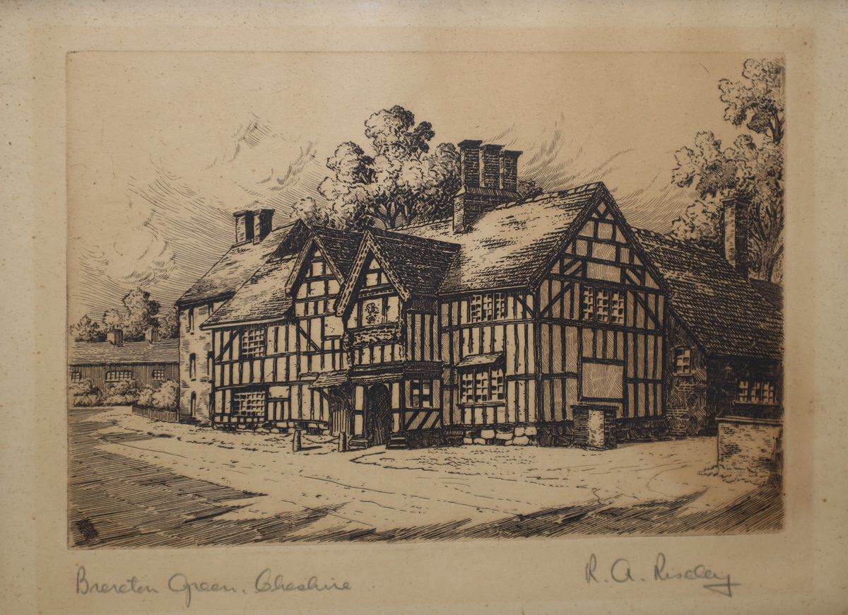 Casa Brereton Green Cheshire, incisione da rame ad acquaforte,  XIX secolo