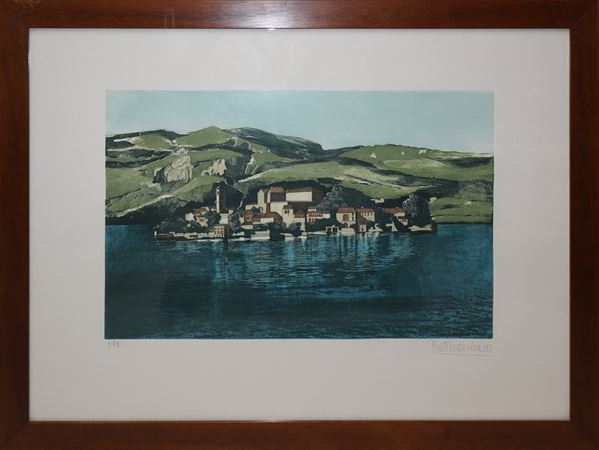 Landscape with houses, hills and sea