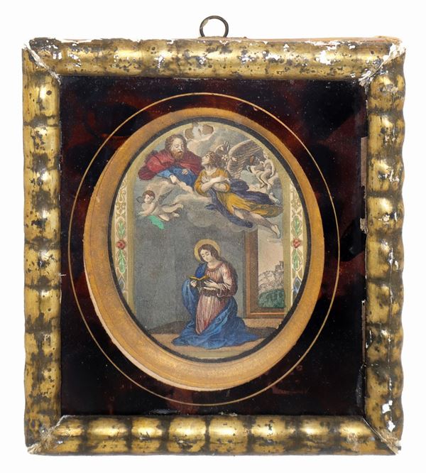 Cornice recante incisione all'acquaforte acquarellata a mano raffigutante Madonna Annunciata