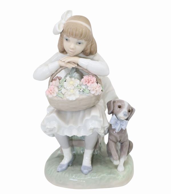 Lladr&#242; - Bambina con cesto di fiori e cane