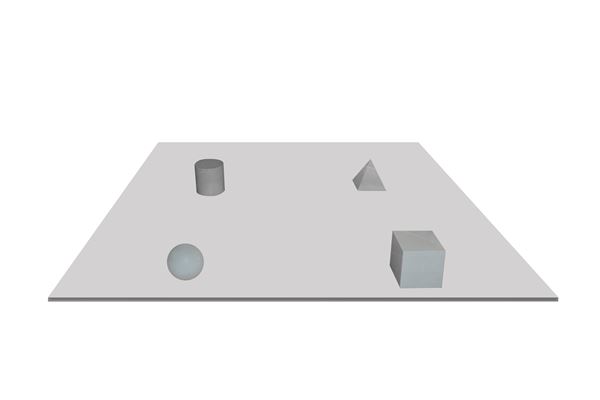 Tavolo quadrato basso con sostegno formato da elementi geometrici in marmo: sfera, cilindro, cubo e piramide.