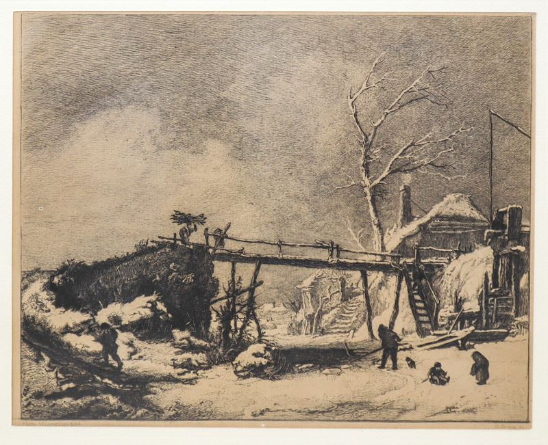 Gustave-marie Greux - Paesaggio invernale con ponte in legno, incisione ad acquaforte e acquatint...