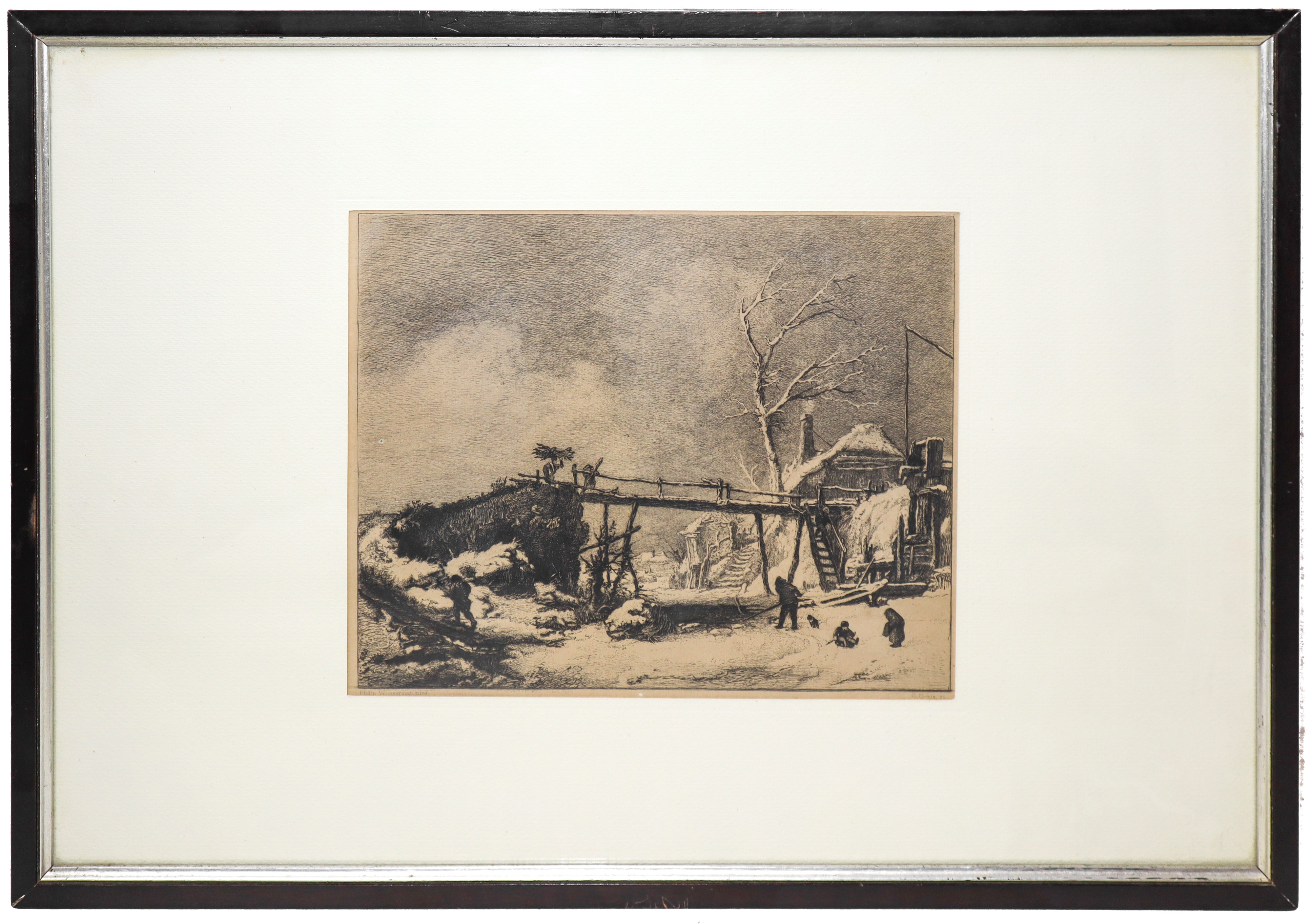 Gustave-marie Greux - Paesaggio invernale con ponte in legno, incisione ad acquaforte e acquatint...