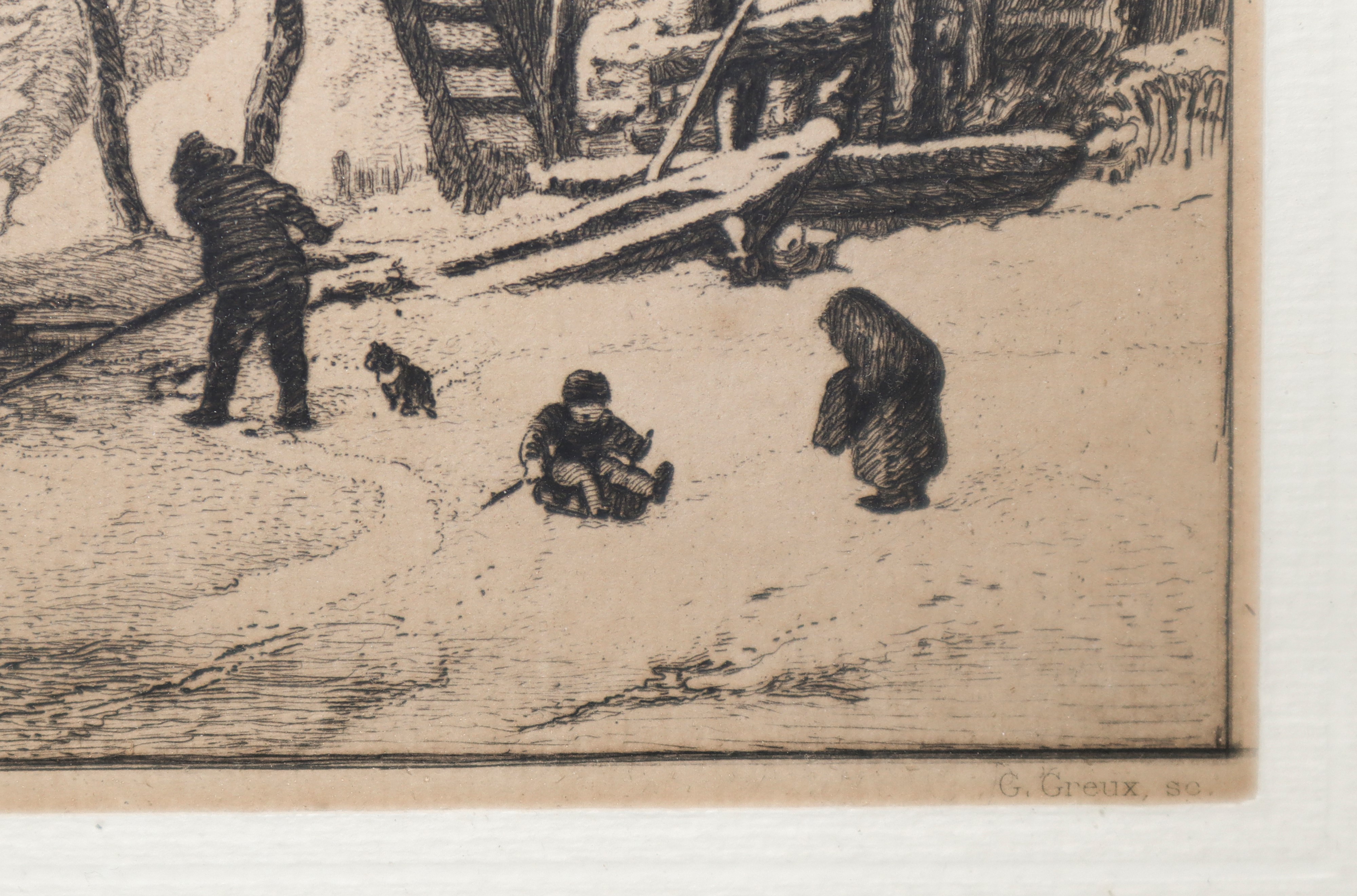 Gustave-marie Greux - Paesaggio invernale con ponte in legno, incisione ad acquaforte e acquatint...