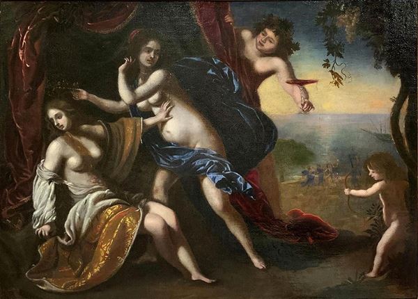 Felice Ficherelli, known as "The Rest" (Saint Gimignano 1605-Florence 1660), allegedly by70x105 Oil painting on canvas, 90x125 frame. Mythological scene, Arianna saddened by the abandonment of Perseus, Dionysus consoles and offers the crown with diamonds that form the constellation Corona Borealis or Ariadne. "The work is pervaded by a subtle sensuality, ancestry furiniana are the skin's softness and Handmaid's Arianna. Arianna saddened by the departure of Theseus although melancholy exudes a 