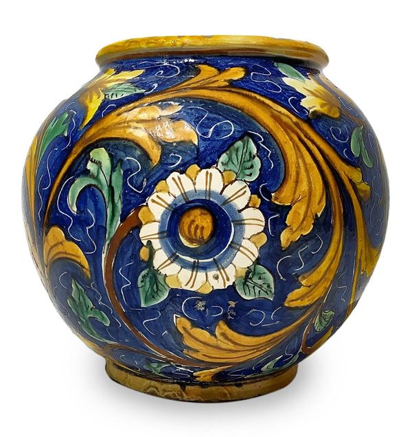 Bottega Di Bartolo - Ceramic bowl of Caltagirone, Bottega Di Bartolo, early twentieth century. Floral decoration with large leaves in the nineteenth century ways of cobalt blue background. H 36 cm.