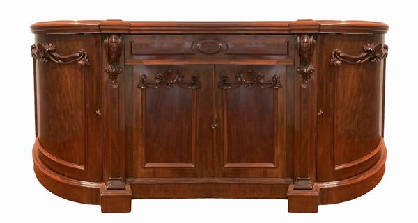 Low cabinet mahogany wood with lined interiors, central drawer plus two upper corners and two central branches. Wooden Intagli applied to garland. H 98 cm, length 210 cm, depth 66 cm