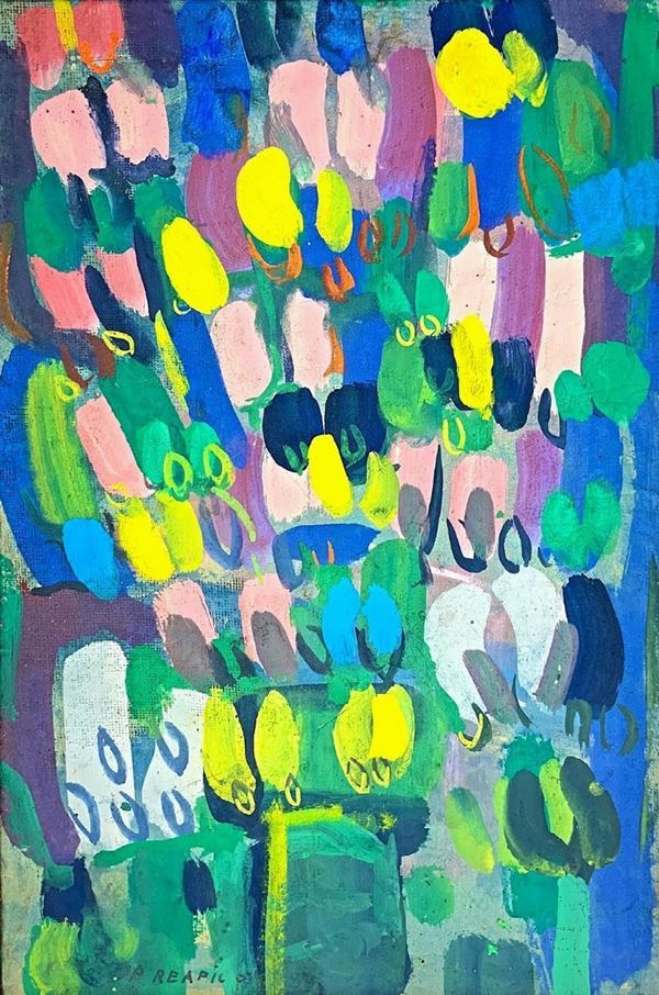 Dipinto ad olio su tela raffigurante composizione astratta. Leonardo Spreafico (Monza, 1907 - Milano, 1974). Cm 40x27. In cornice cm 50x37. Firmato in basso a sinistra. 1600