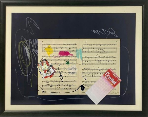 Giuseppe Chiari, Tecnica mista su cartoncino nero raffigurante spartito musicale, Giuseppe Chiari (Firenze 1926-2007), cm 50x70. Firmata in basso a destra, autentica dell'artista su foto
