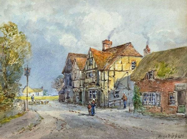 Gouache raffigurante villaggio di Chiddingstone Kent, inizi XX secolo, Hugh Nisbet (1879 -1961). Cm 17x22. Firmata in basso a destra.