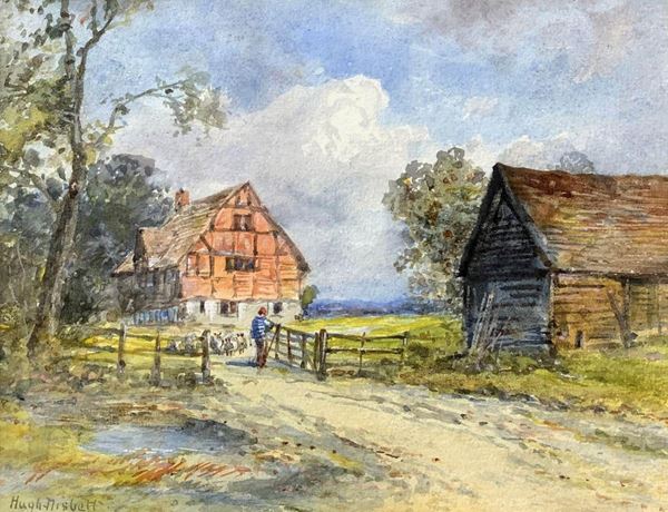 Gouache raffigurante case di campagna nei pressi di Brockham Surry, inizi XX secolo, Hugh Nisbet (1879 -1961). Cm 17x22. Firmata in basso a sinistra.