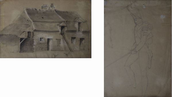 Emile Jean Horace Vernet - Coppia di disegni raffiguranti casa e soldato