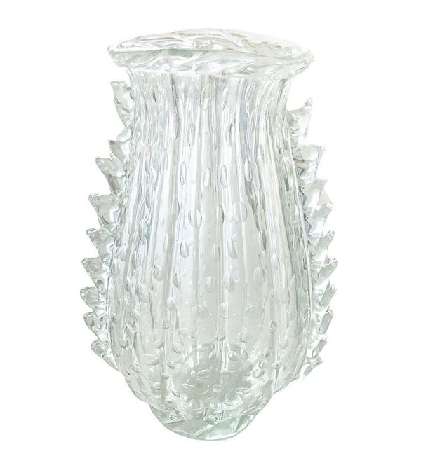 Production Barovier and Toso, Murano. Vase in transparent glass. Years â € ™ 40, with iridata surface, globular body with ribbing processing and ...