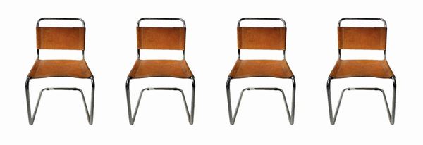Gavina, lotto composto da quattro sedie, disegno  Marcel Breuer. Anni '80,con struttura in tubolare metallico cromato. Seduta e spalliera in fasce di ... 