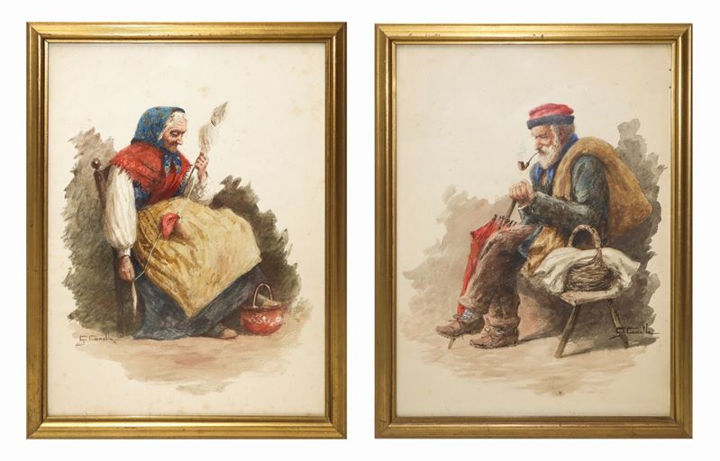 Giuseppe Canella - Coppia di Dipinti Raffiguranti Anziani