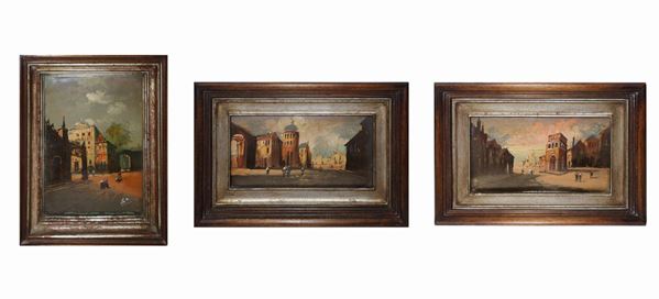 Triptych paintings depicting scenes of city landscapes