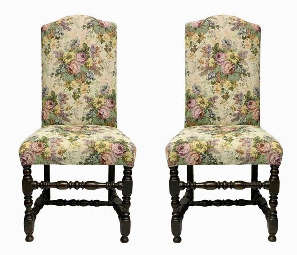 Pair of high chairs, Lombardy, Italy, XVIII century. High back rough in the summit. Legs turned to spool with onion foot, connected ...