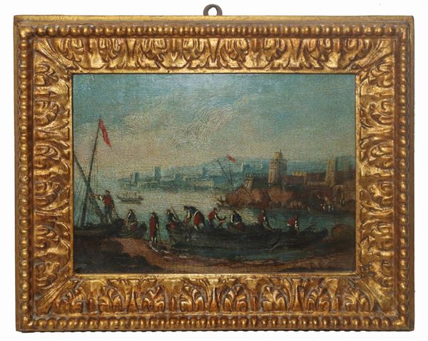 Barche in porto con fortificazioni e torri