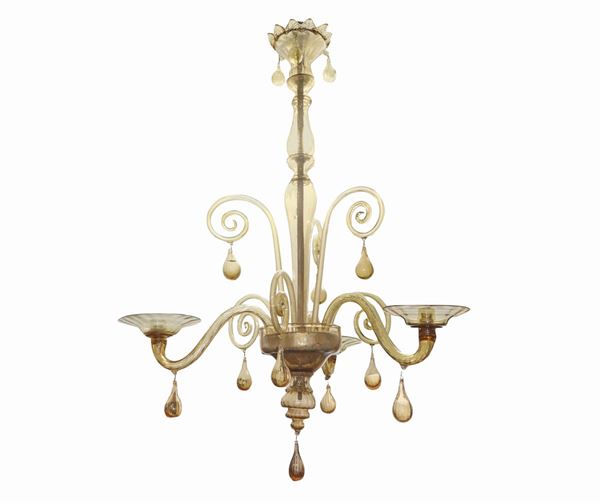 Lampadario a tre luci in vetro soffiato nei toni del pagliesco