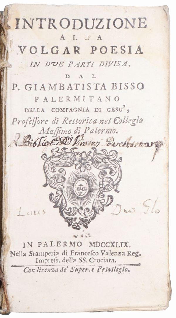 Giambattista  Bisso - Introduction to vulgar poetry in two parts divided by P. Giambatista Bisso Palermitano