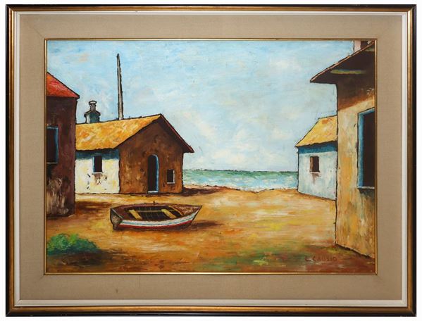 Dry boat between houses