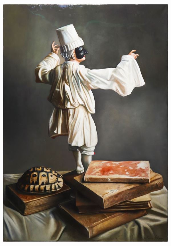 Antonio Sciacca - Natura morta con libri, tartaruga e pulcinella