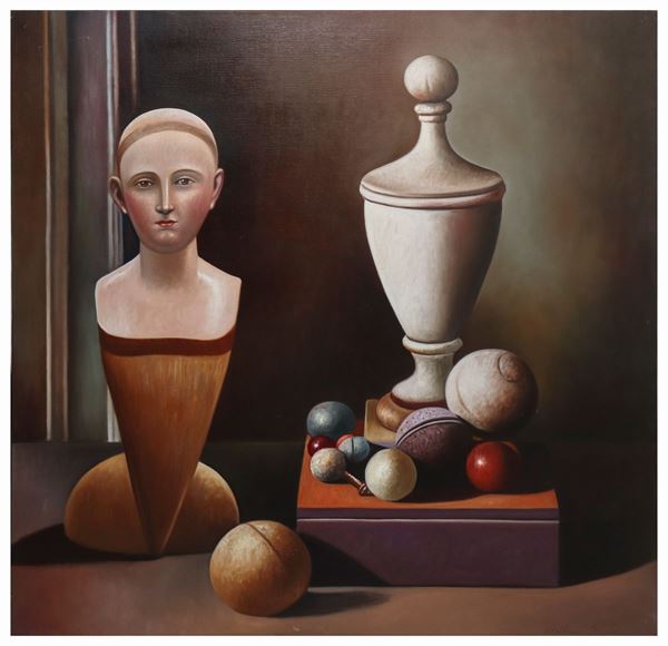Antonio Sciacca - Natura morta di sfere e scultura lignea