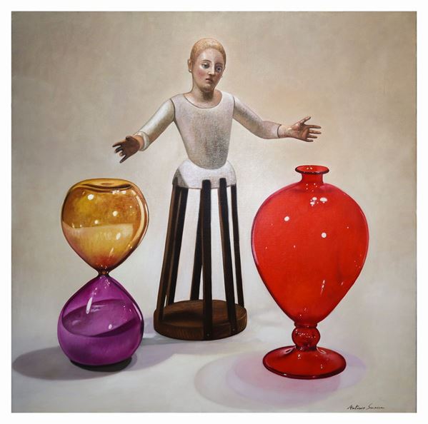 Antonio Sciacca - Still life of wooden mannequin with hourglass and glass vase