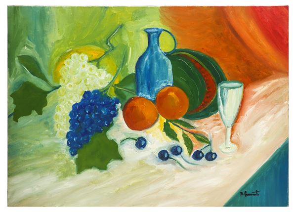 Still life of grapes with bottle