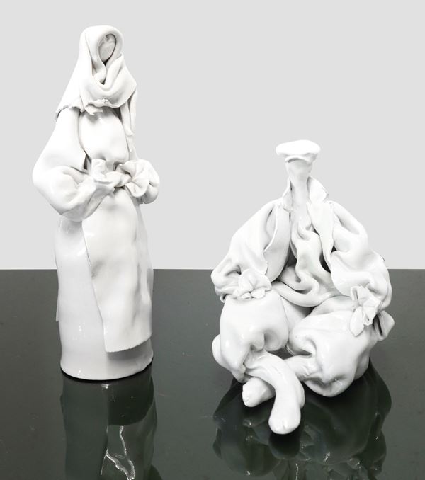 Dolores Demurtas - Pair of white majolica figurines depicting Sardinian characters