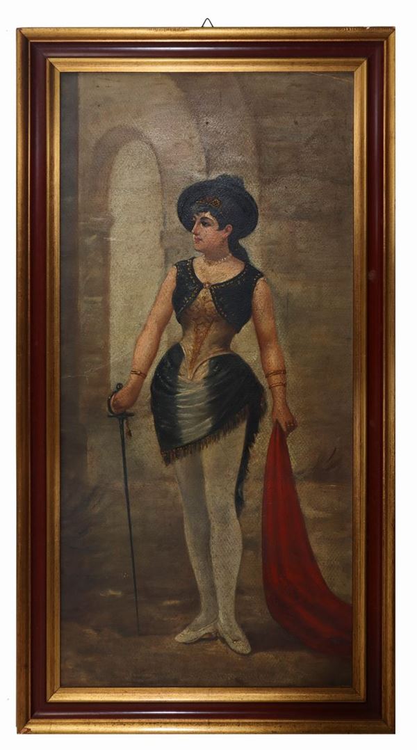 Woman with sword and red cloth in her hand