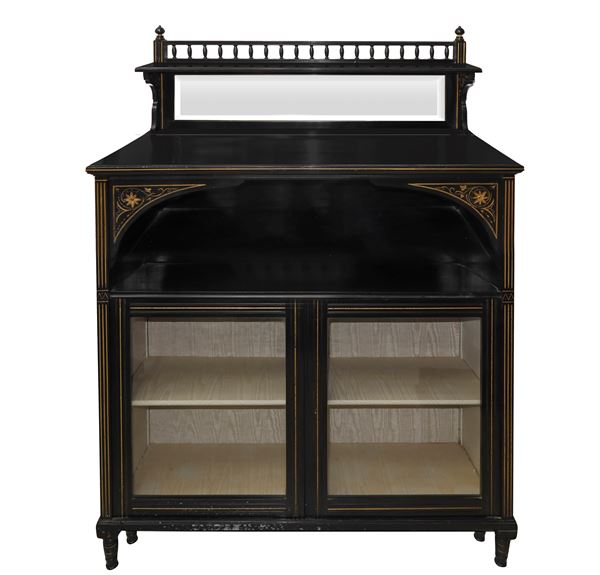 Low display cabinet with black ebonized wood shelf