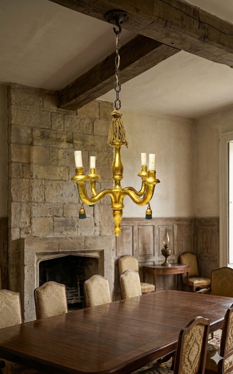 Antico lampadario in legno dorato a foglia