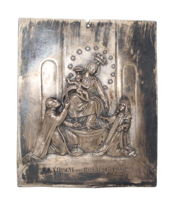 Placca in argento sbalzato con immagine ''S.S. Vergine del Rosario in Pompei''