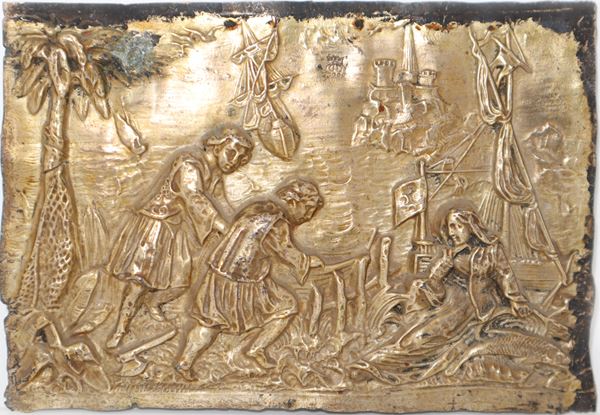 Placca in argento sbalzato vermeille raffigurante veliero con personaggi