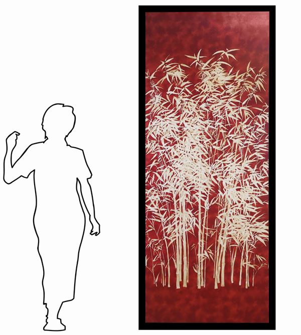 Studio Davico - Pannello in tela raffigurante steli di bamboo su fondo rosso