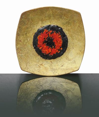 Piatto in Terracotta Smaltato e Invetriato con Foglia Oro