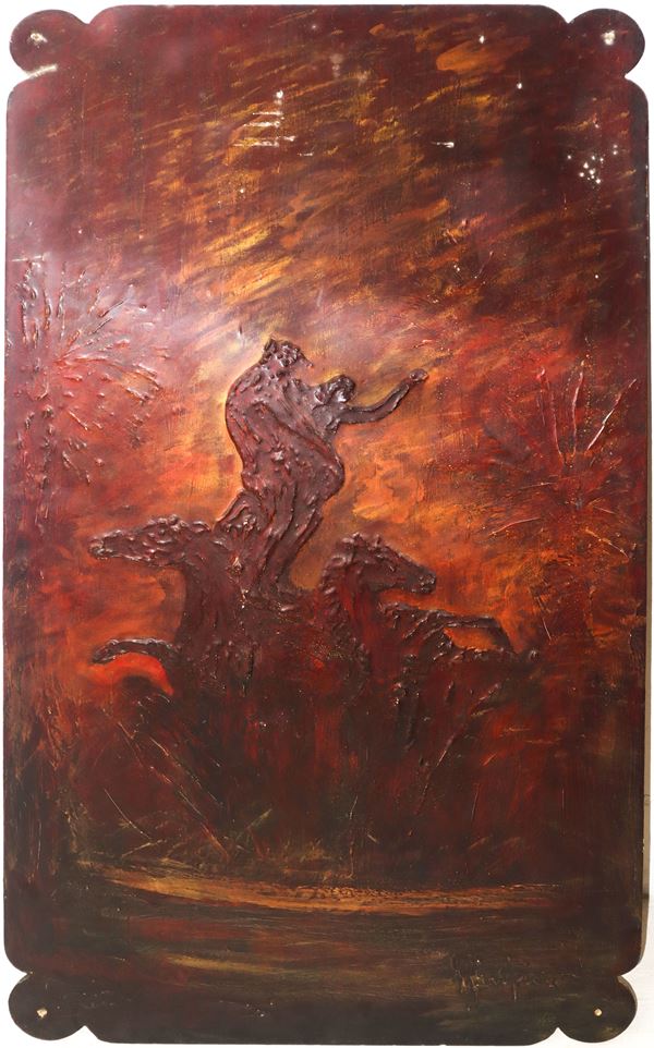 G. Belfiore - Panello decorativo raffigurante Ratto di proserpina nei toni del rosso