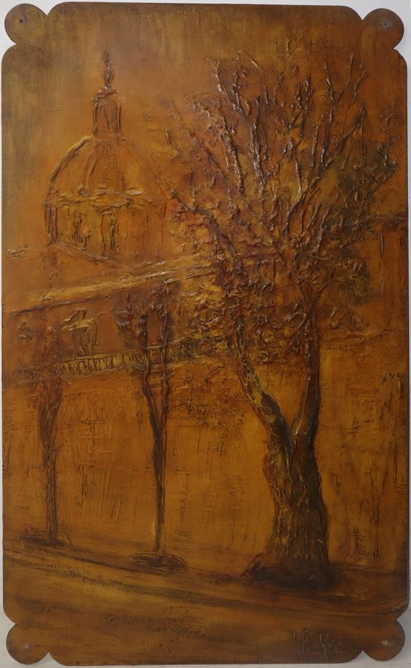 G. Belfiore - Panello decorativo raffigurante scorcio della cattedrale di Catania