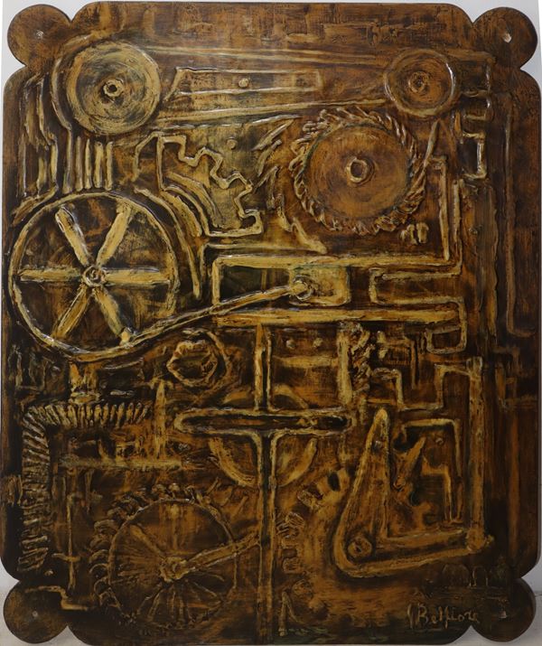 G. Belfiore - Panello decorativo raffigurante Ingranaggi e croce nei toni dell'ocra