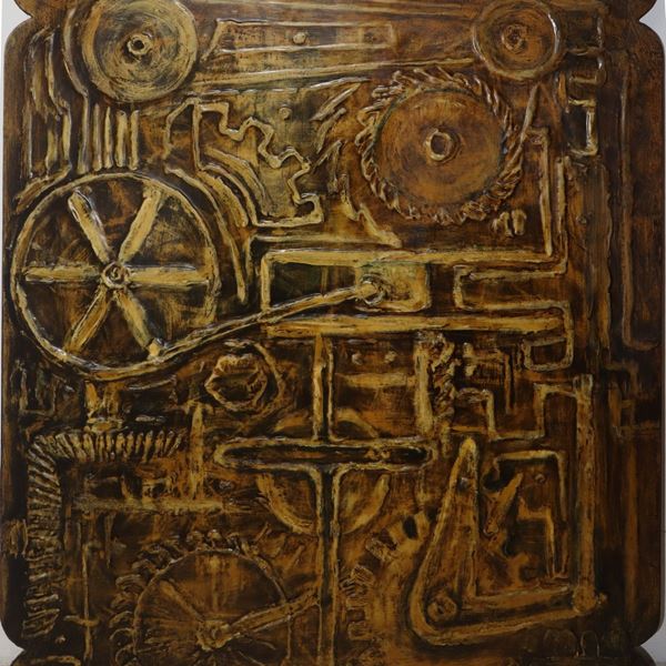 G. Belfiore - Decorative panel depicting Gears and cross in shades of ocher