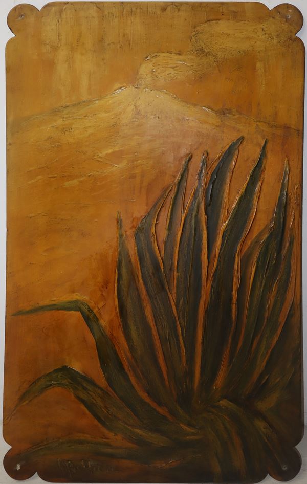 G. Belfiore - Decorative panel depicting succulent plant and Etna in shades of ocher