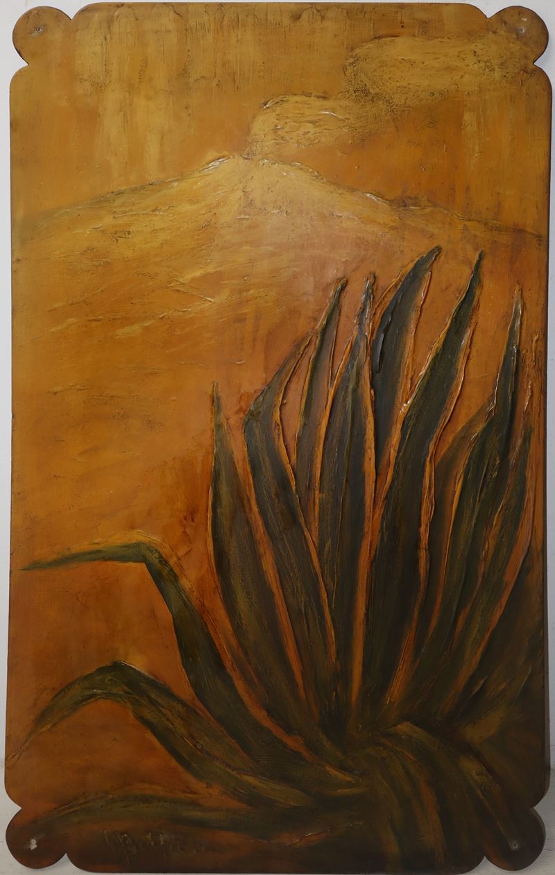 G. Belfiore - Panello Decorativo Raffigurante Pianta Grassa e Etna nei Toni Dell'ocra