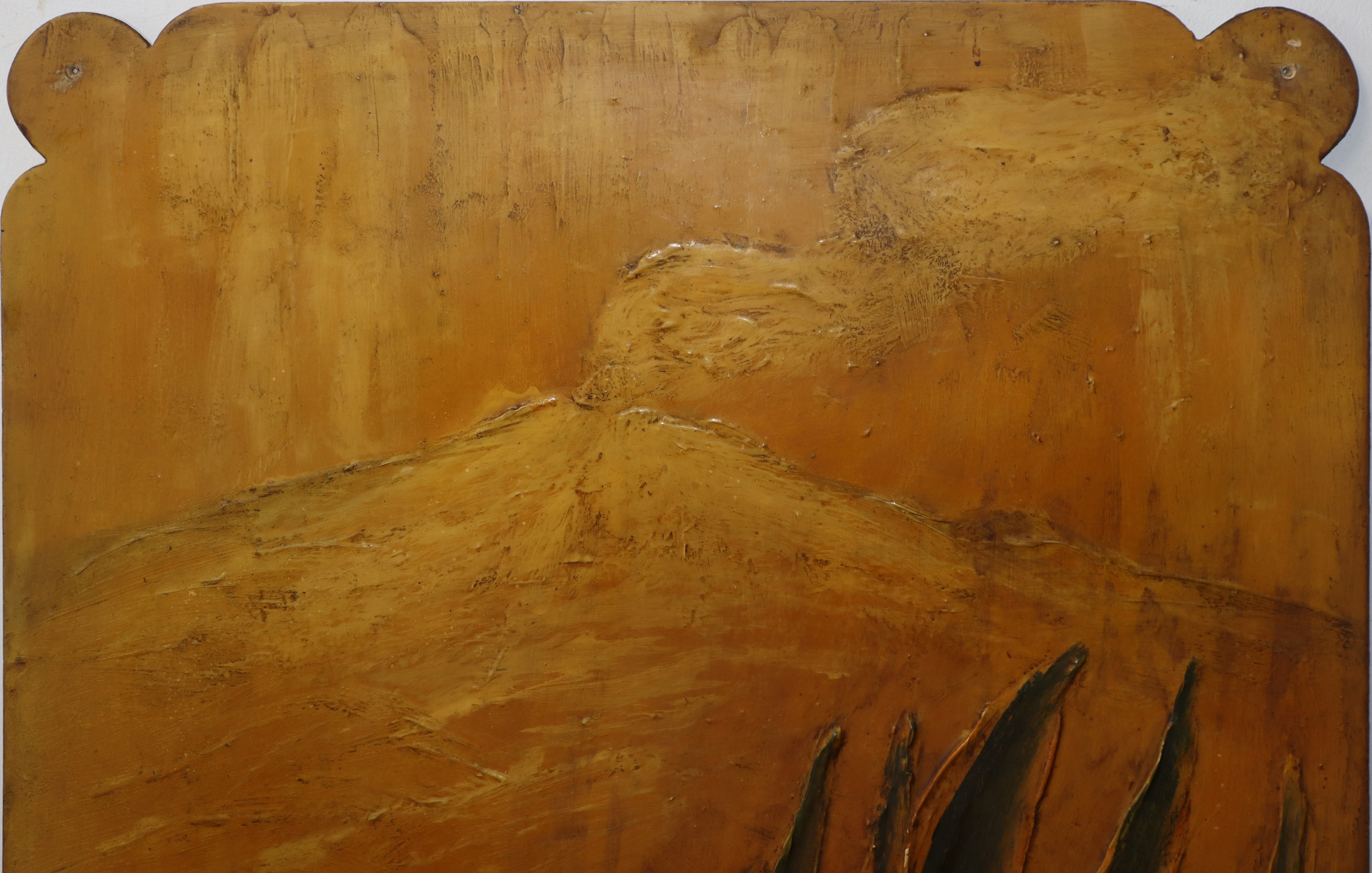 G. Belfiore - Panello Decorativo Raffigurante Pianta Grassa e Etna nei Toni Dell'ocra