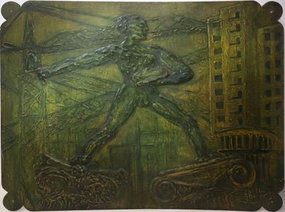 Panello Decorativo Raffigurante Uomo su Colonne e Gru nei Toni del Verde